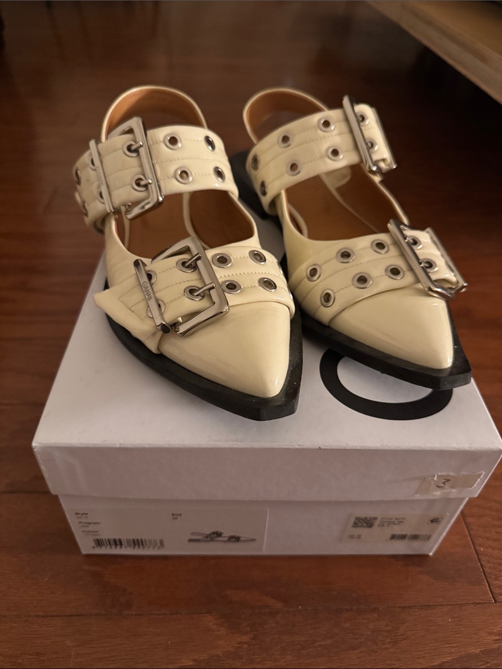 GANNI Pointed Toe Cream Buckle Strap Women’s Flats